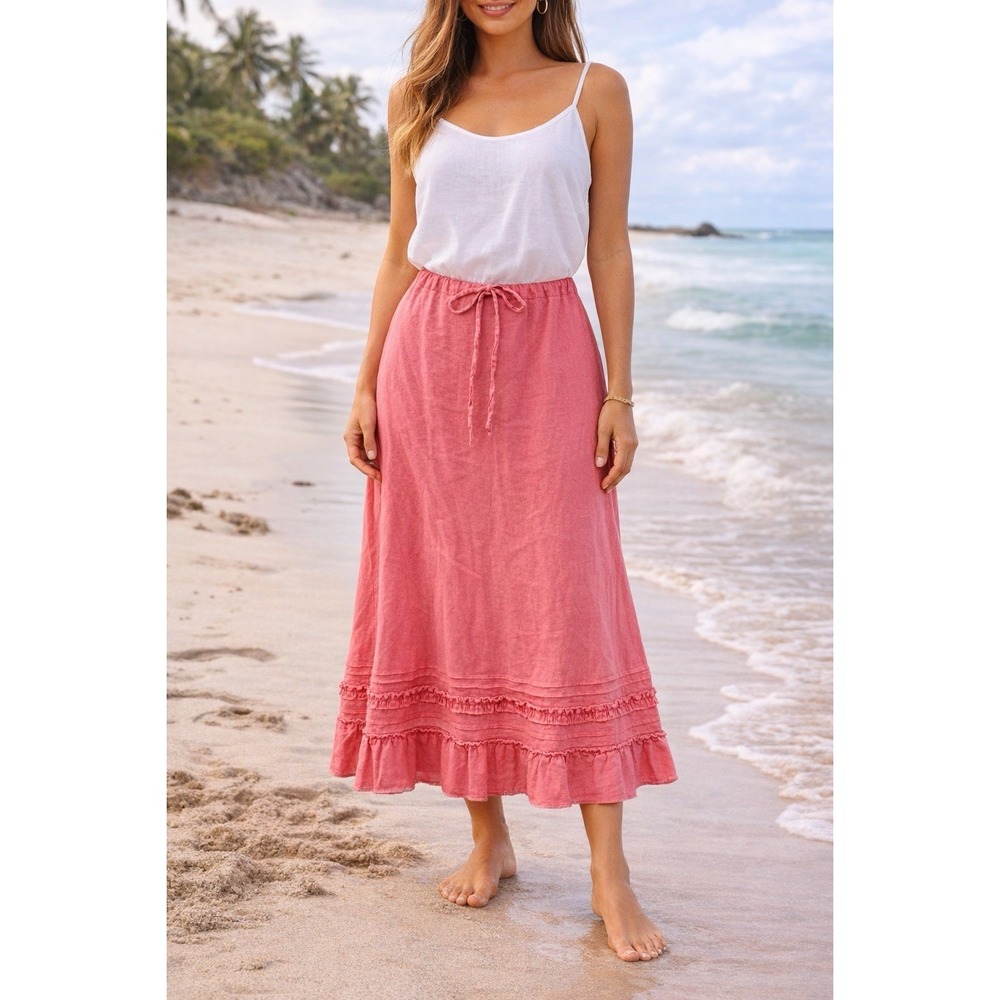 Boho Coral Midi Linen Skirt Drawstring Waist Ruffle Hem Beachy Cottagecore KK03